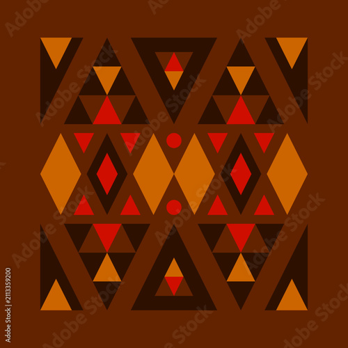 Tribal geometric pattern with triangles and diamonds in warm earth tones brown orange and red background