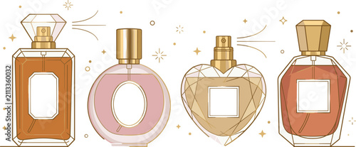 Elegant luxury perfume bottle collection with crystal glass fragrance containers in modern flat vector illustration isolated on white background