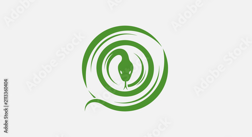 A stylized green snake coiled in a circular pattern on a light background