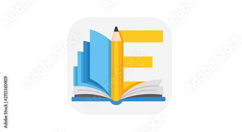 A stylized icon featuring an open book and a yellow pencil for education concepts