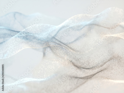 Ethereal volumetric light streams flowing through abstract soft space with blue wave particles