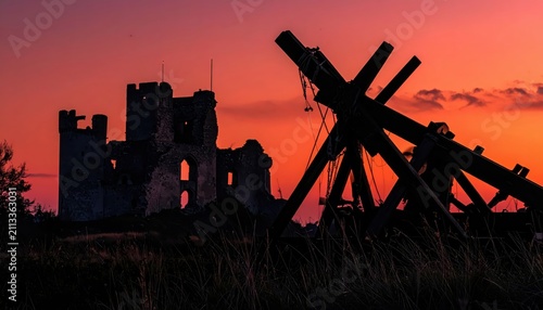 Silhouette of ancient castle ruins against a dramatic sunset sky with a wooden siege weapon structure