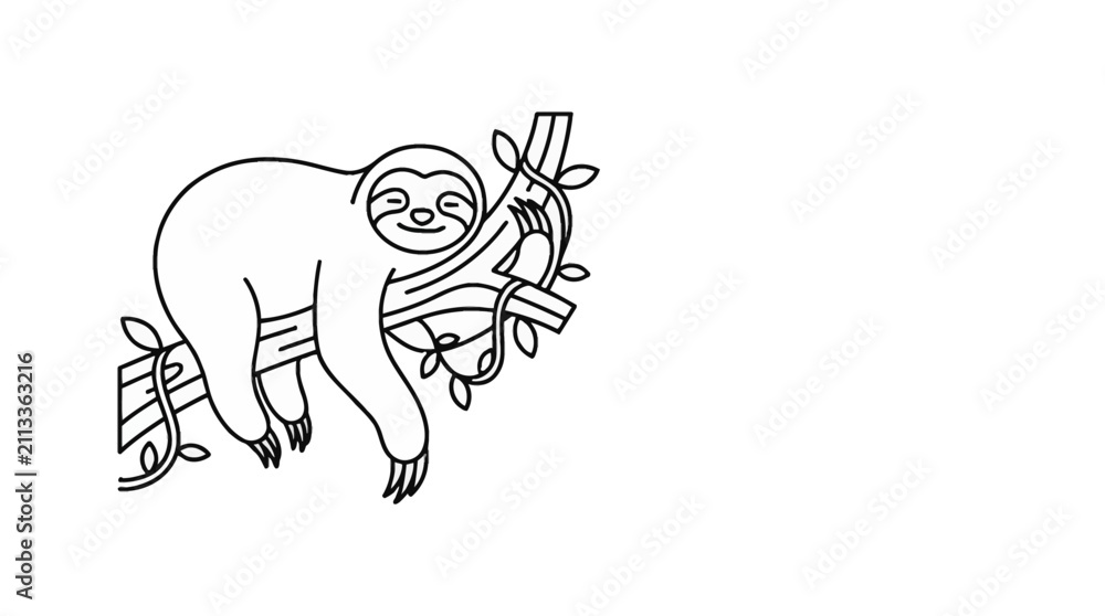 Fototapeta premium Cute cartoon sloth hanging on a tree branch coloring page.