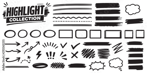 Hand Drawn Highlight Elements Collection with Brush Strokes, Underlines, Arrows, Frames and Scribble Annotation Set