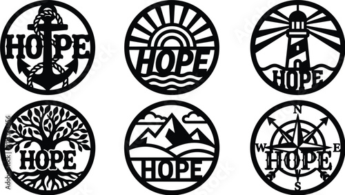 Konstfotografi Six circular hope icons with anchor, sun, lighthouse, tree, mountains, and compa