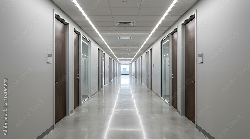 Fototapeta premium Modern office corridor long hallway with doors and bright overhead lighting