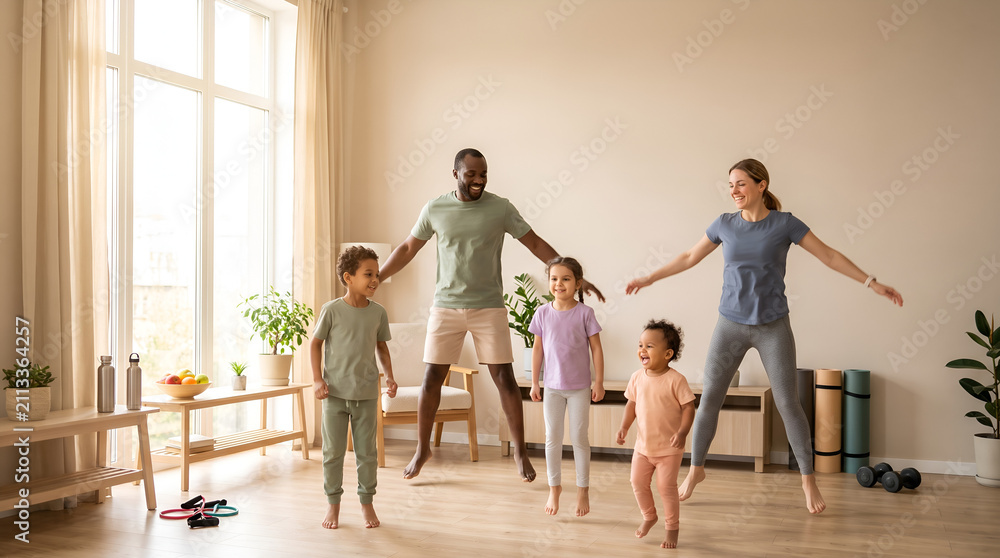 Naklejka premium Happy Family Performing Jumping Jacks Together During Home Fitness Workout