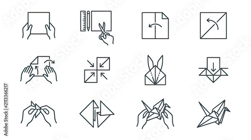 Step by step guide to paper folding and origami creation icons