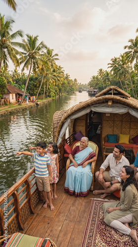 Indian Family on Traditional Houseboat Gliding Through Kerala Backwaters