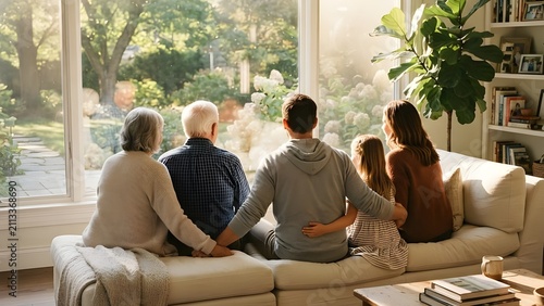 창밖을 바라보며 나란히 앉아 서로의 온기를 나누는 가족들의 뒷모습The backs of family members sitting side by side looking out the window and sharing warmth