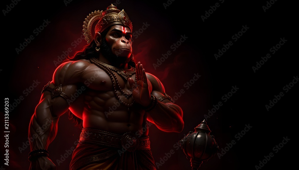Fototapeta premium Lord Hanuman Powerful Blessing Pose with Gada Weapon, Hindu God Bajrangbali Digital Illustration