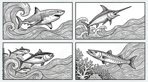 Photography Marine life illustrations depict a shark, swordfish, tuna, and barracuda swimming through stylized ocean waves in this detailed black and white graphic collection