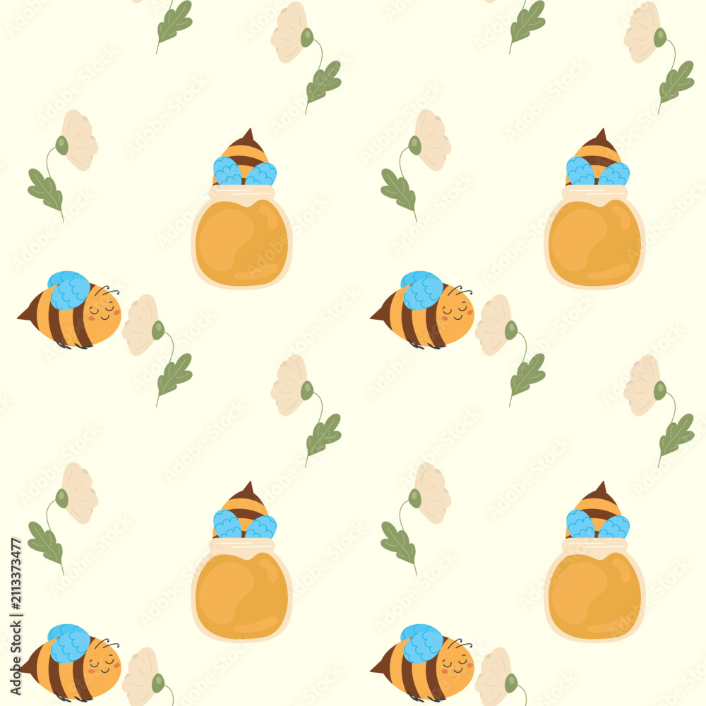 Fototapeta premium A seamless pattern featuring cute cartoon bees with blue wings, honey jars, and light-colored flowers on a soft cream background.