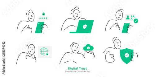 Digital trust and cybersecurity concepts. Doodle line characters managing password lock, laptop protection, user verification, secure network, cloud safety, and shield.