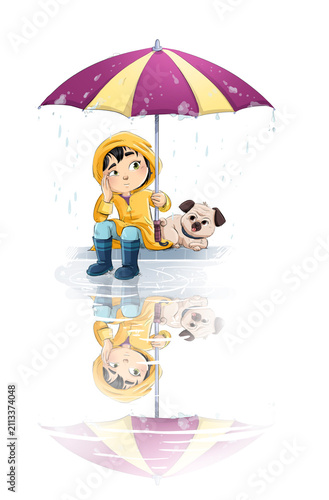 Little girl with her dog taking shelter under her umbrella while it rains, isolated drawing