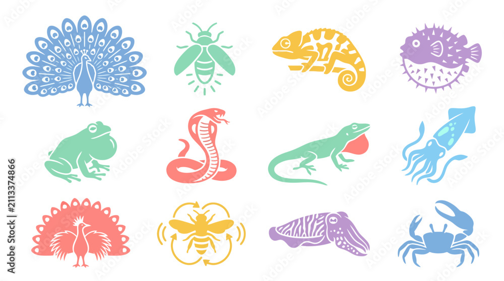 Obraz premium Colorful animal icons on white background.