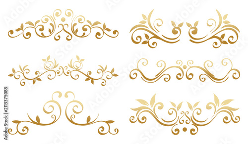 Set of golden baroque vintage ornaments, classic filigree decorative vector flourishes isolated on white background