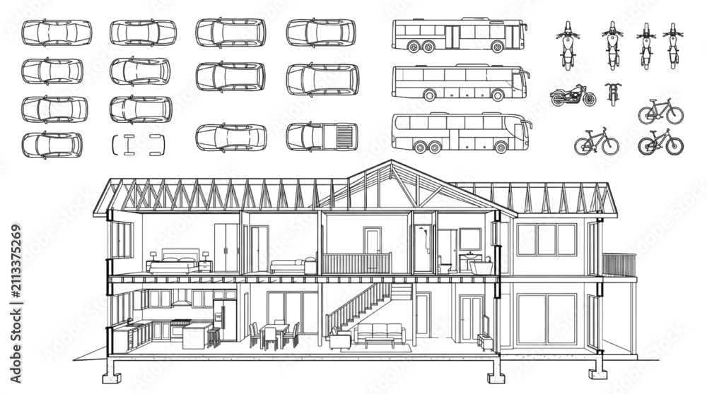 Obraz premium Residential House Section Cutaway with Bus, Car, and Motorcycle Vehicles