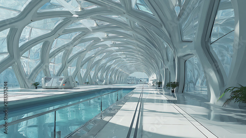 Futuristic Indoor Swimming Pool with Modern Architectural Design.