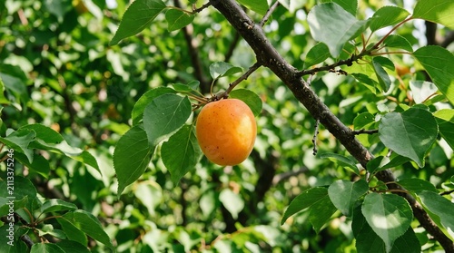 Ripe orange fruit hanging from a leafy branch in warm sunlight