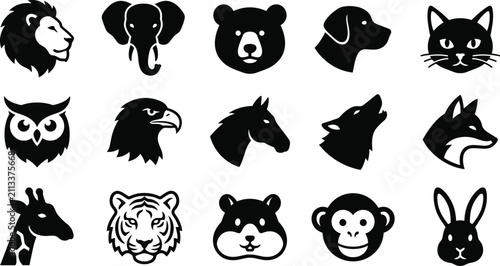 Canvas Print Black Animal Head Silhouette Collection Featuring Wild and Domestic Wildlife Ico