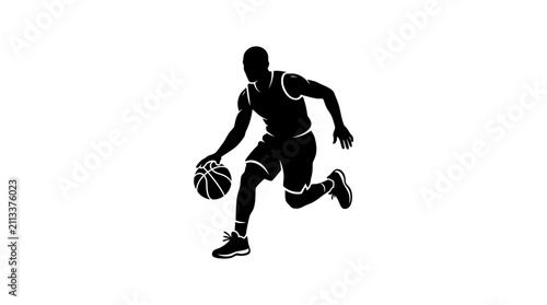 Dynamic Silhouette of a Basketball Player Dribbling, Minimalist Vector Illustration for Sports Themes