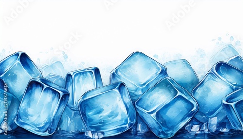 blue cold ice cubes bottom border isolated on white or white background