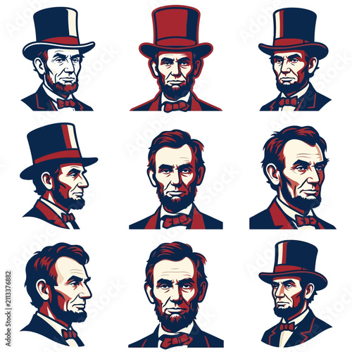 Vector Portraits of Abraham Lincoln with Top Hat and Beard Set