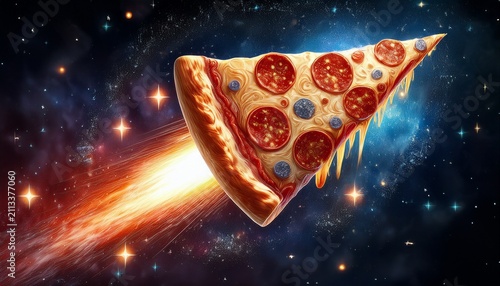 pepperoni pizza slice rocket blazing through cosmic starry nebula