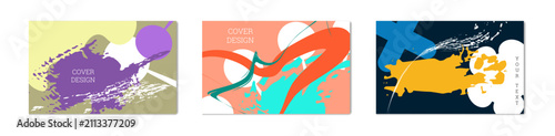 Paint strokes and geometric elements. Set of 3 multi-colored backgrounds. Notebook or notebook cover design. Unusual creative background.