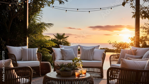 Luxury outdoor patio furniture set with ocean view at sunset