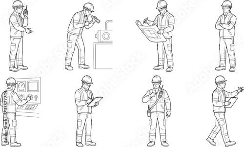 Industrial Worker and Safety Engineer Outline Vector Set with Inspection Communication Blueprint and Factory Operations Collection