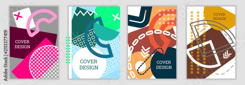Bright background in Memphis style. Set of geometric cover designs. Fashionable bright cover, banner, poster, booklet. Bright colors. Vector
