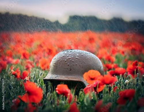 rusted helmet in red poppy field with raindrop splash for remembrance