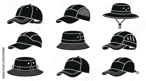 Collection of various black hats.