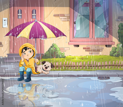 Scene of a girl with her dog sitting bored under an umbrella while it rains, children's illustration
