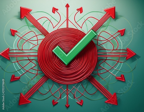 process optimization and simplifying complexity concept with tangled red lines transforming into organized green checkmark arrows through a central target node