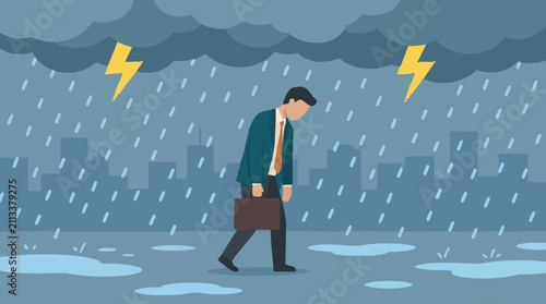 Konstfotografi Stressed businessman walking alone in rainy city with storm and lightning