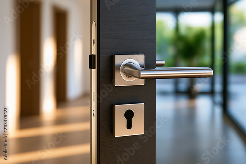 Modern brushed stainless steel square door handle and lock rosette on dark wooden door 