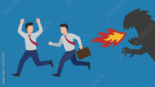 Businessmen running in fear from a fire-breathing monster, concept of challenge