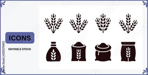 Collection of simple flat icons representing wheat stalks and bags of grain or flour for agricultural themes
