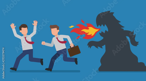 Businessmen running from a fire-breathing monster, concept of challenges