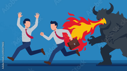 Businessmen running from fire-breathing monster, concept of corporate crisis or stress