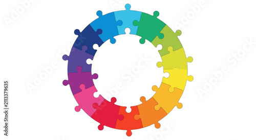 Foto Vibrant Multi-Colored Puzzle Ring Symbolizing Global Cooperation, Team Collabora