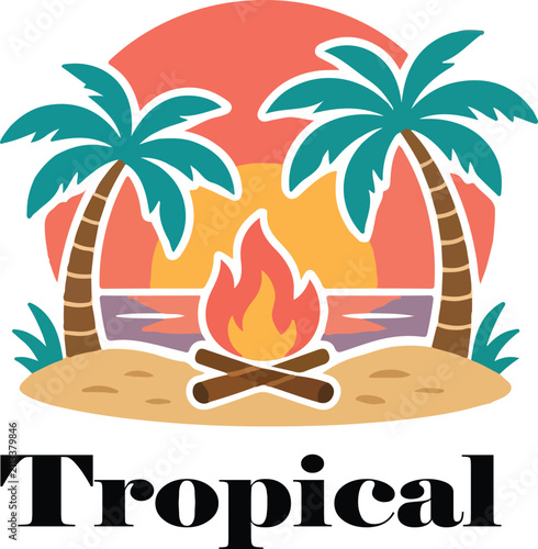 Bild auf Leinwand topical palm trees campfire scene beach sunset logo vector white background