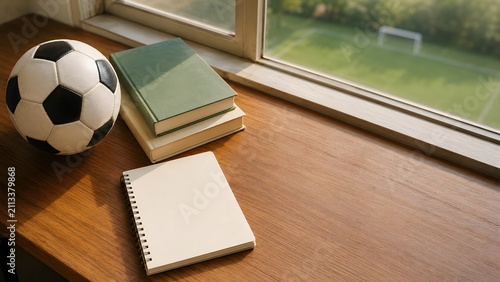 sports women's football 2026 women's africa cup of nations football study desk with blank notebook and books beside a training field for education and planning

