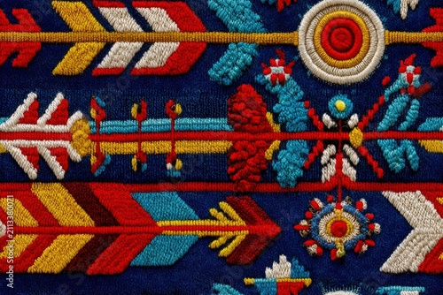 Psychedelic folk embroidery with colorful arrows and ethnic patterns on blue fabric