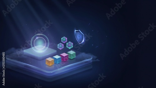 Dashboard interface displays organized colorful blocks and a security shield icon for modular data management.