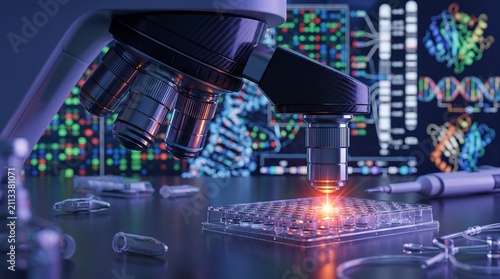 Advanced Lab Microscope Analyzing DNA in Microplate