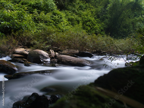 Long-exposure photographs of flowing water show dark, wet rocks partially submerged, creating a soft, misty or veiled effect around the rocks.